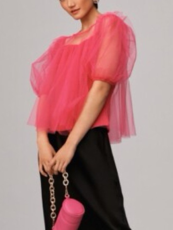 Anthropologie Tops - Anthropologie Hot Pink Tulle Babydoll Puff Sleeve Top
